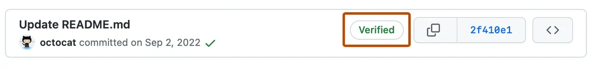 GitHub commit row showing a green "Verified" signature badge next to the author, date, and commit hash