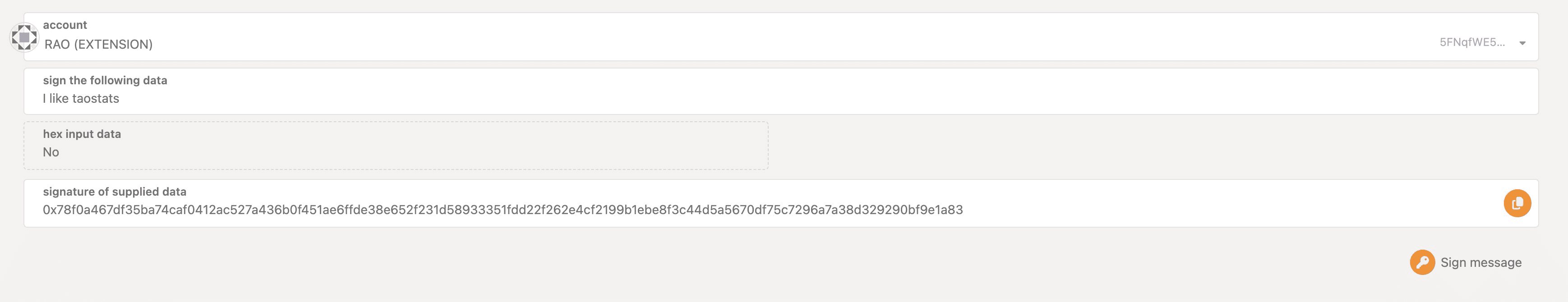 Wallet message-signing panel with an account selector, message field, hex-input toggle, resulting signature field with copy button, and a Sign message button