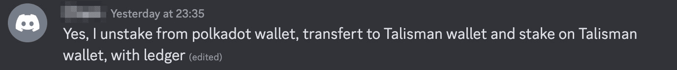 Dark-themed Discord chat message describing unstaking from one wallet app and re-staking in another via a hardware device