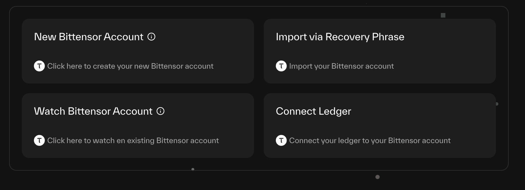Taostats Chrome extension add-wallet menu with four options: New Bittensor Account, Import via Recovery Phrase, Watch Bittensor Account, and Connect Ledger