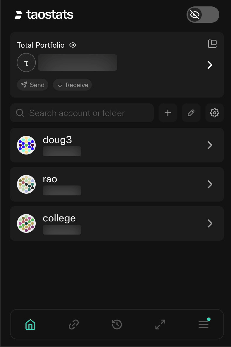 Taostats Chrome extension wallet popup showing total portfolio with hidden balances, Send and Receive buttons, and a list of saved accounts