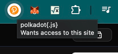 Browser toolbar with the polkadot-js extension icon highlighted by a white ring and a tooltip indicating it wants access to the site