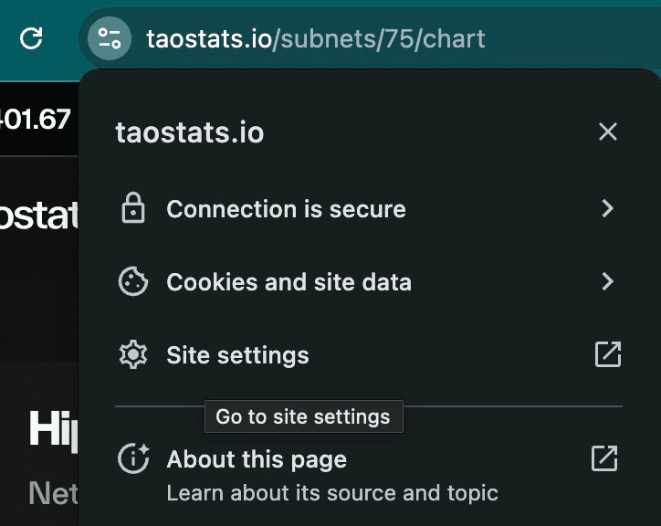 Chrome site information dropdown for taostats.io showing connection security, cookies, site settings, and about-this-page options
