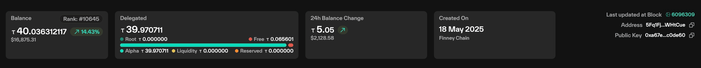 Taostats account summary panel with balance, delegated breakdown, 24-hour change, and creation date cards plus block, address, and public key metadata