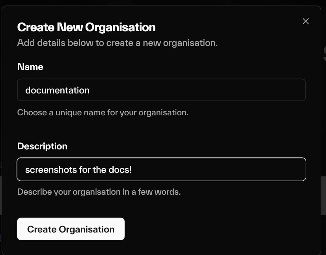 Taostats API "Create New Organisation" dialog with Name and Description fields filled in and a Create Organisation button
