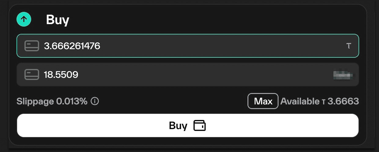 Taostats buy panel showing token amount inputs, a slippage indicator, a Max button, and available balance for staking