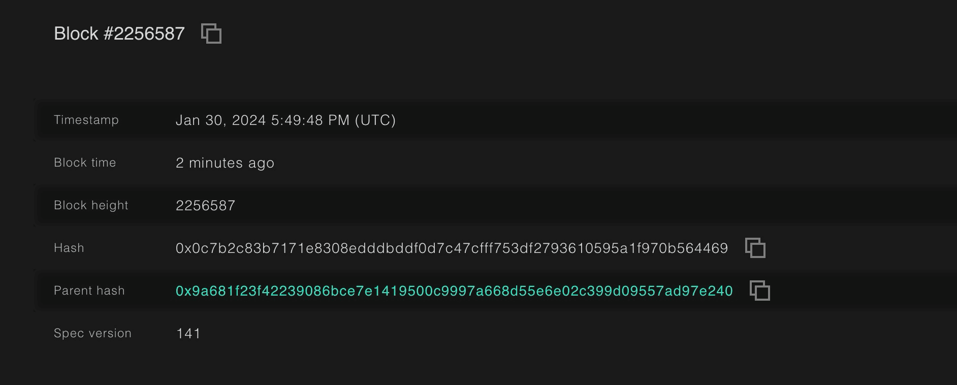 Taostats block details page showing label-value fields for timestamp, block time, block height, hash, parent hash, and spec version