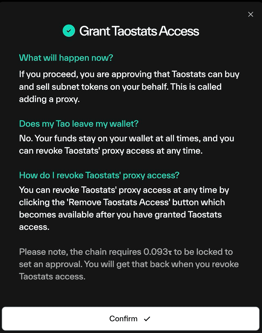 Taostats grant access confirmation dialog explaining the proxy approval, wallet fund safety, and how to revoke, with a note about the refundable on-chain locked fee