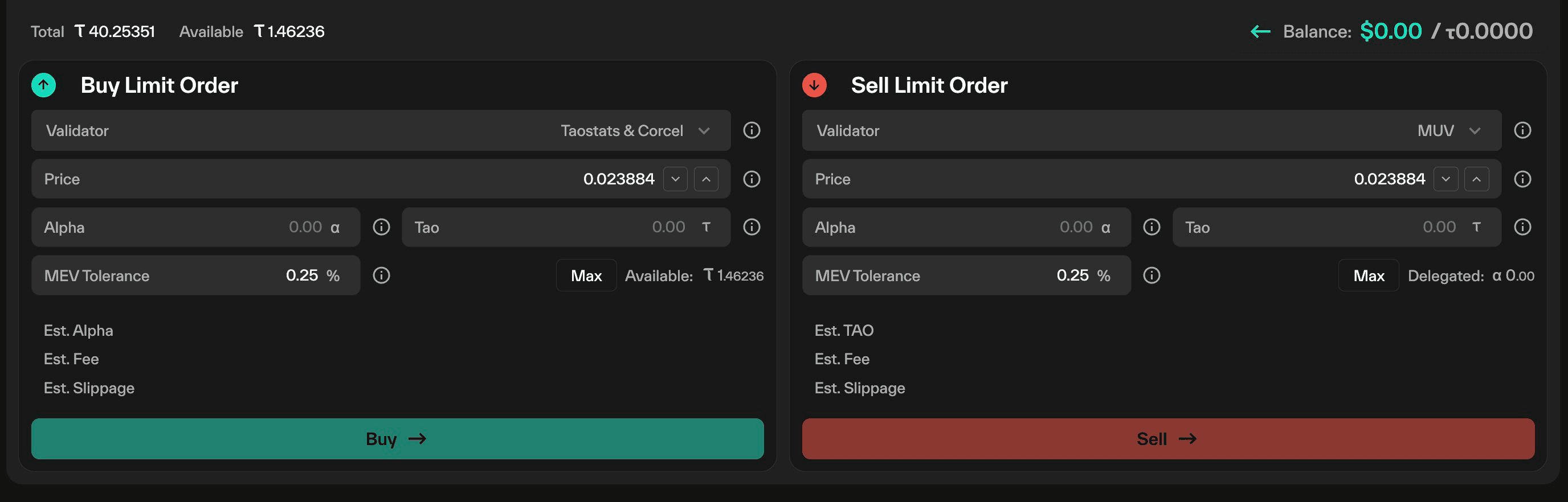 Taostats limit order interface with mirrored buy and sell panels offering validator, price, alpha/tao amount, and MEV tolerance fields plus fee and slippage estimates