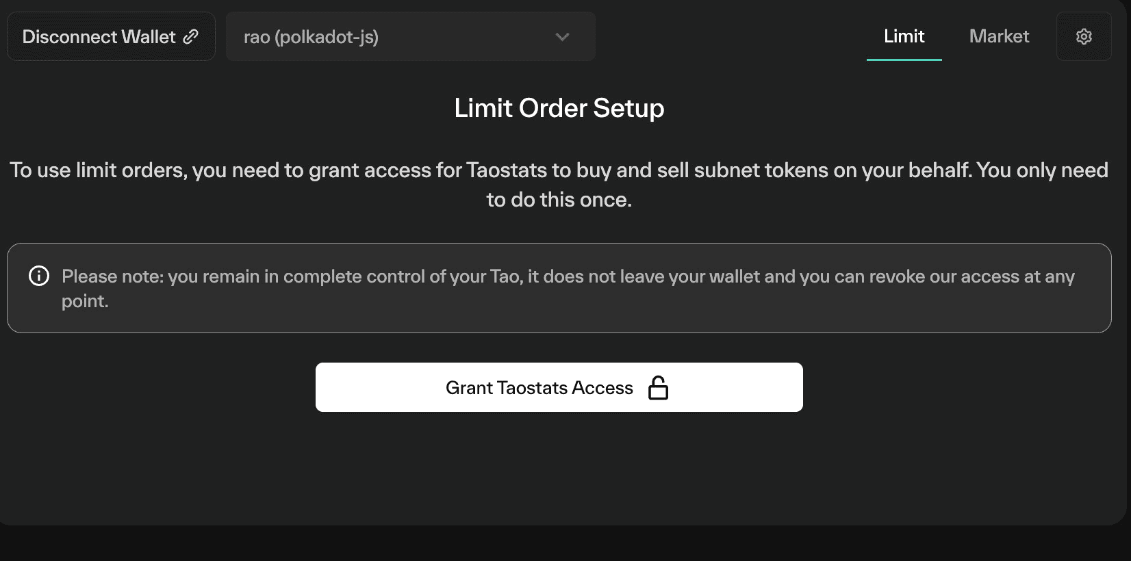 Taostats limit order setup panel prompting the user to grant proxy access to trade subnet tokens, with a reassurance notice and a grant-access button