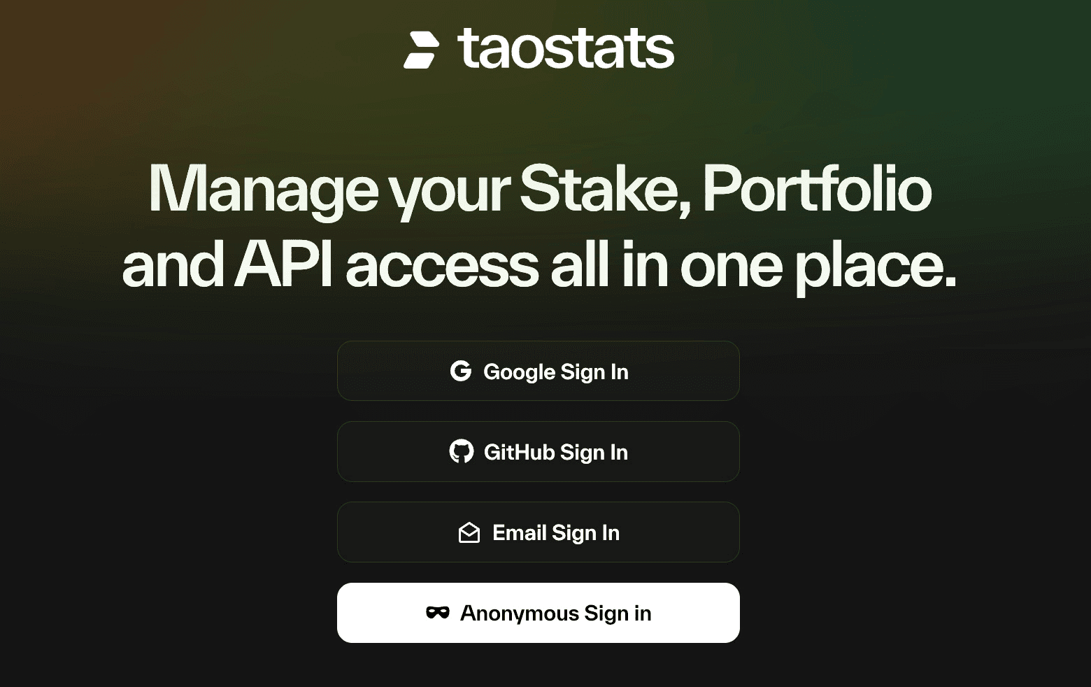 Taostats Pro sign-in screen offering Google, GitHub, Email, and Anonymous login options below the tagline about managing stake, portfolio, and API access