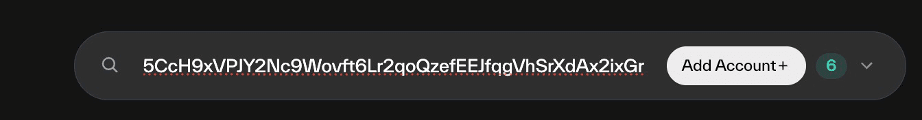 Taostats Pro portfolio search bar with a Bittensor wallet address entered, the "Add Account +" button, and a badge showing 6 saved wallets