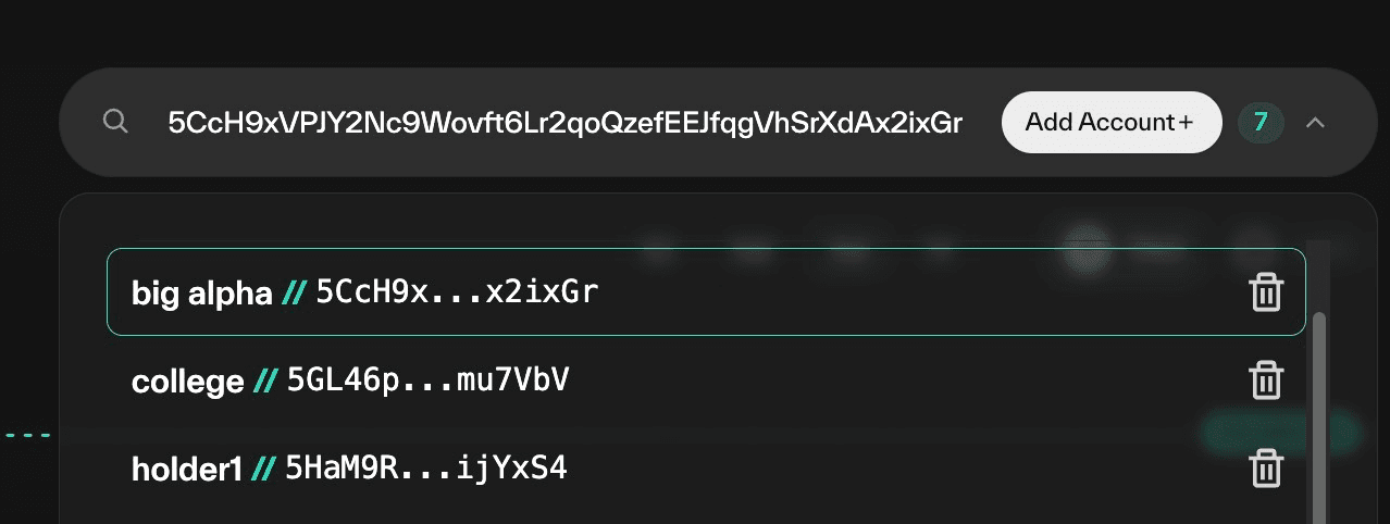 Taostats Pro portfolio wallet-picker dropdown expanded from the search bar, listing saved wallets with delete icons