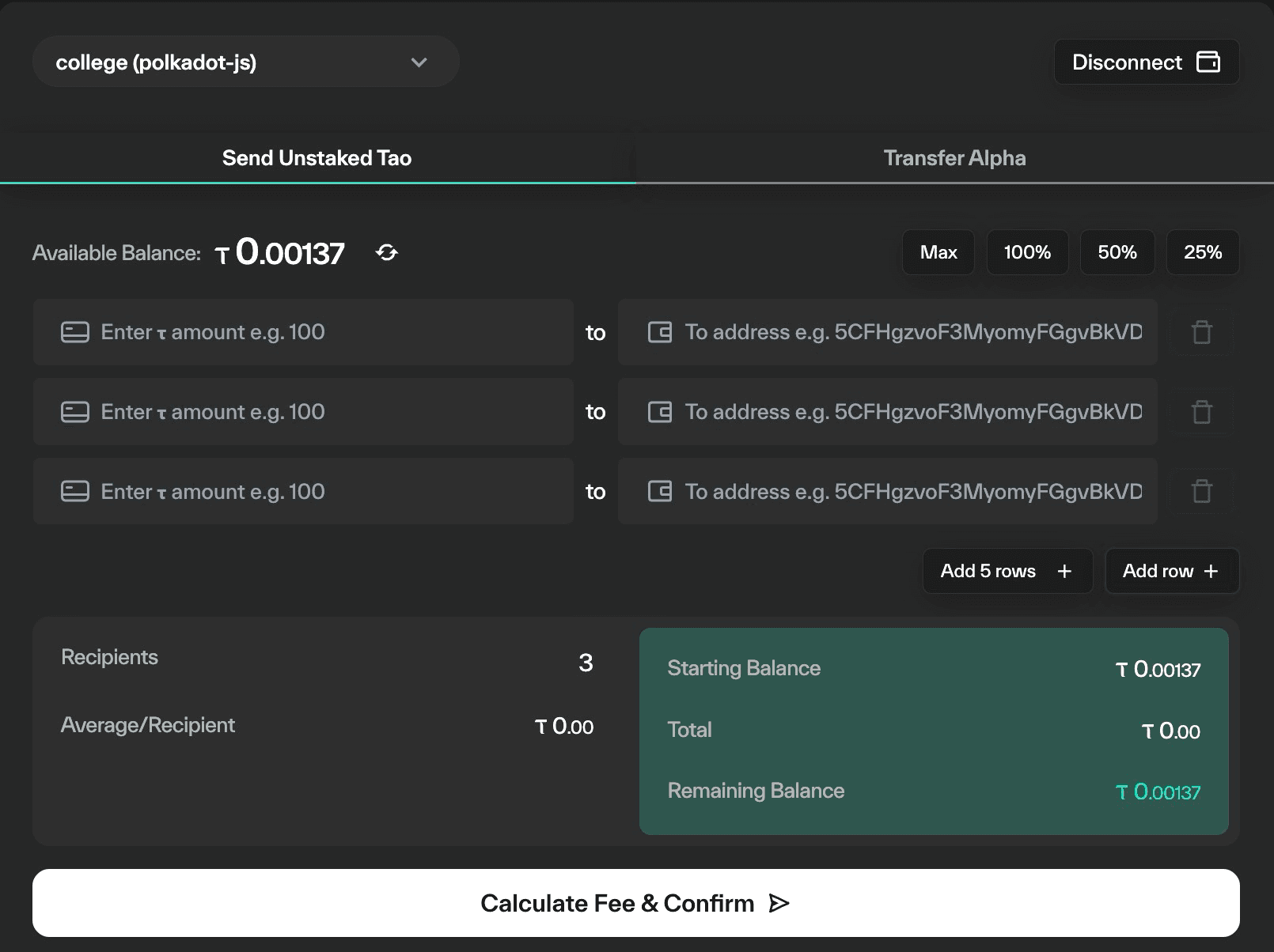 Taostats multi-recipient send interface for unstaked TAO with amount and address rows, add-row buttons, balance summary, and a calculate fee and confirm button