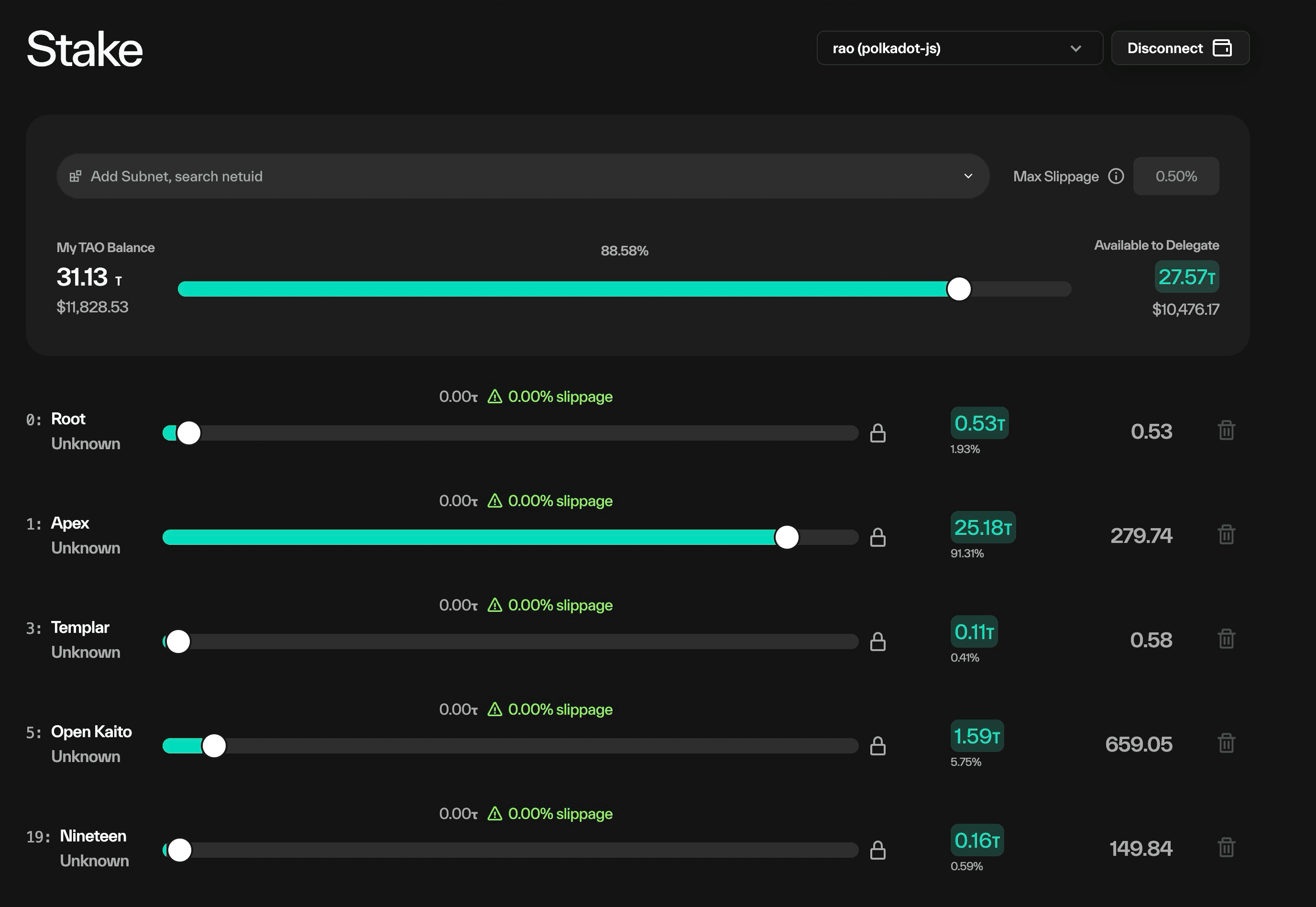 Taostats staking app balance overview with my TAO balance, an allocation slider with percentage, and available-to-delegate amount above a subnet list