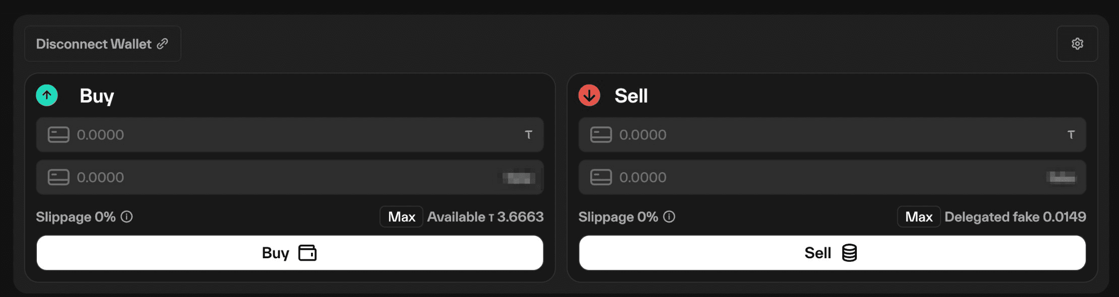 Taostats subnet staking panel with mirrored buy and sell cards showing token amount inputs, slippage, Max buttons, balances, and action buttons