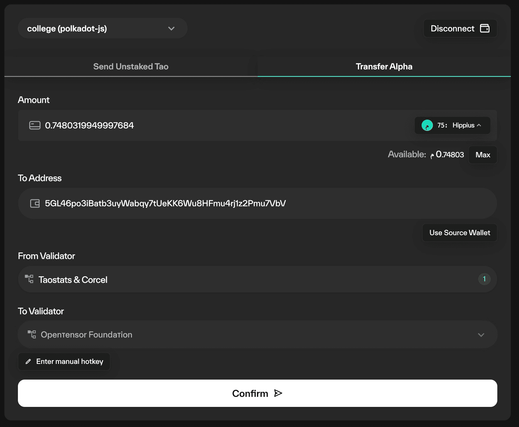 Taostats transfer alpha form with amount, to address, from and to validator fields and a confirm button to complete the stake transfer on chain