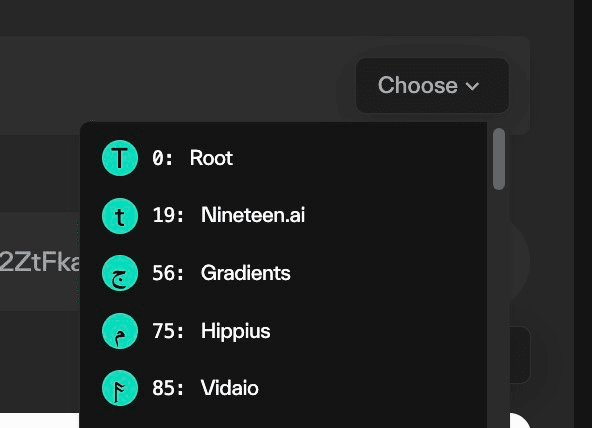 Taostats transfer app with an open subnet selector dropdown listing subnets by icon, ID, and name to choose the one to swap