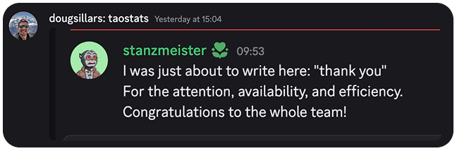 Discord message from stanzmeister thanking the Taostats team