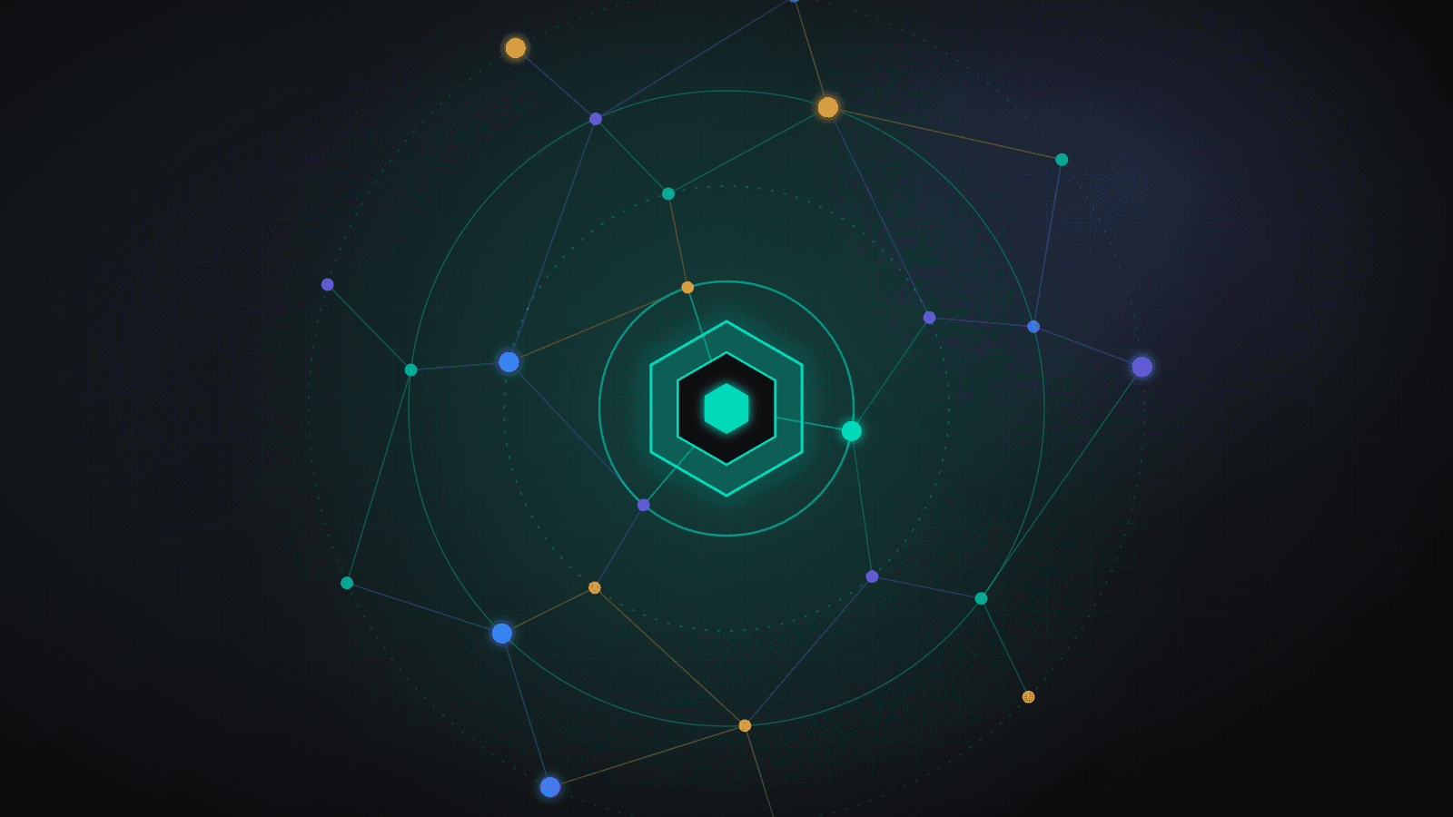 Concentric rings of glowing teal, violet and amber nodes linked to a central teal hexagon on a dark grid background