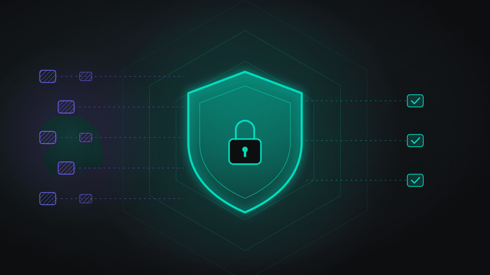 A glowing teal shield with a padlock at its centre, with hatched violet encrypted packets approaching from the left and clear teal packets leaving on the right