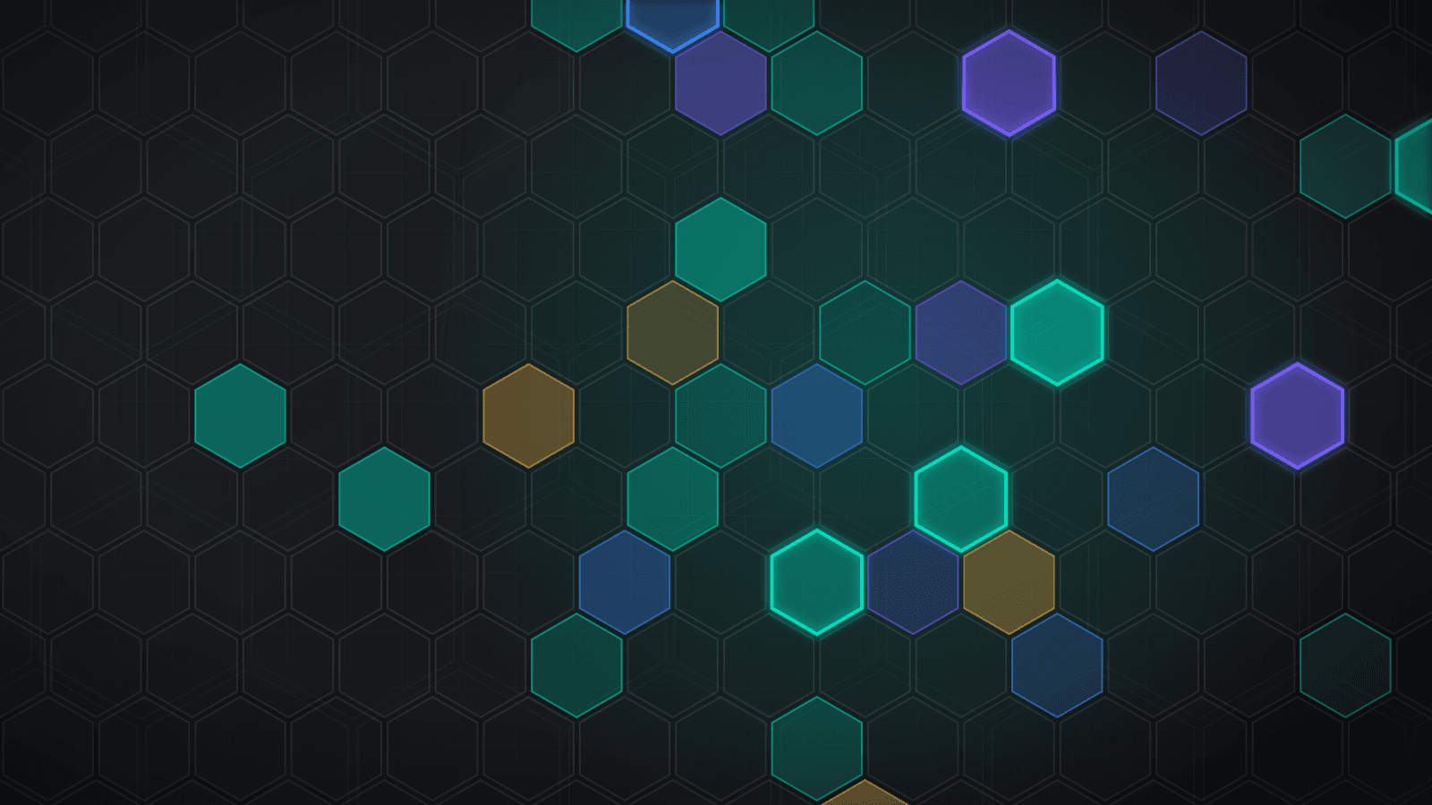 A honeycomb grid of dark hexagons with a cluster of teal, violet, amber and blue hexagons lit up and glowing towards the right