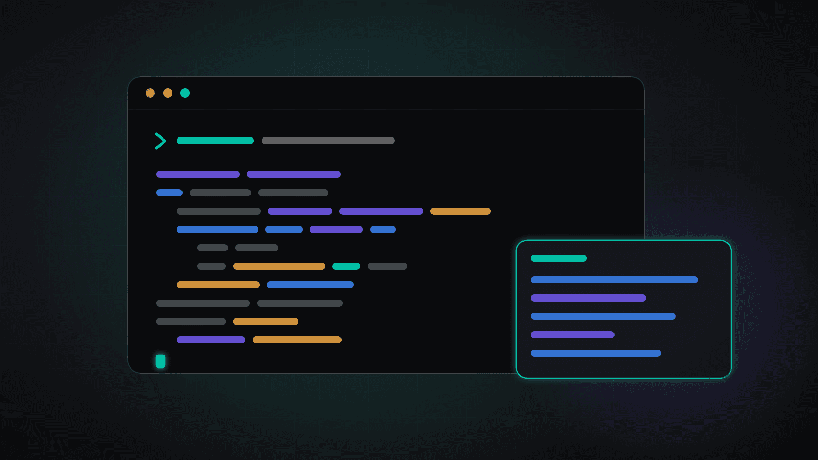 A dark terminal window filled with colourful lines of code overlapped by a glowing teal response card showing horizontal data bars