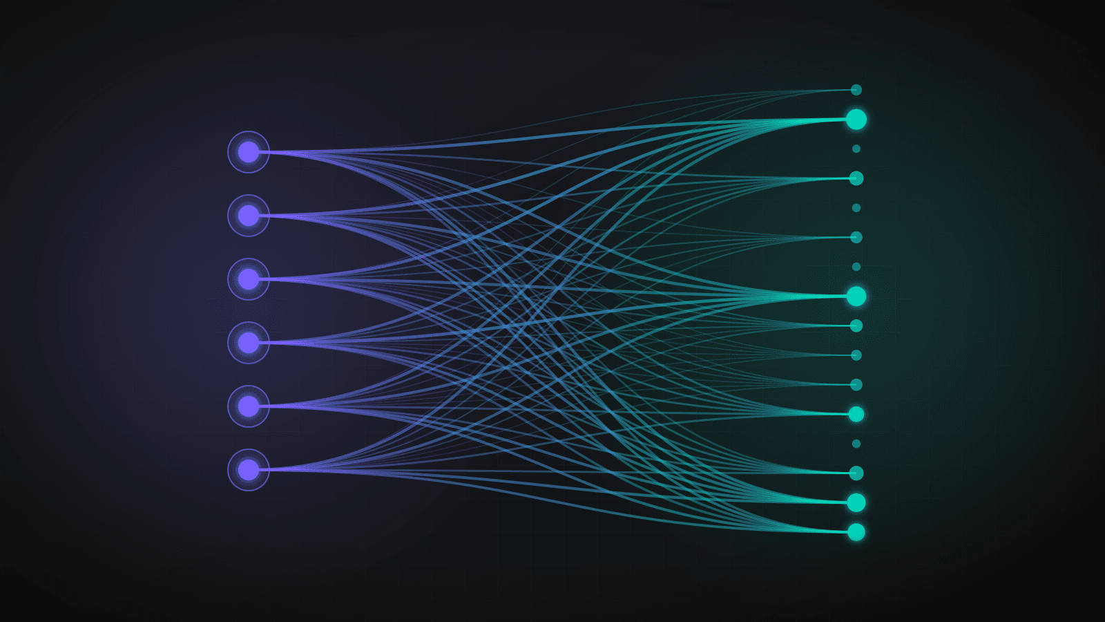 A network of violet validator nodes on the left connected by curved teal and violet edges of varying thickness to teal miner nodes on the right